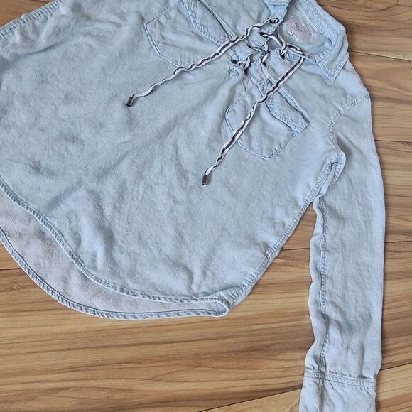 Rails Mateo Lace Up Long Sleeve Pocket Blouse in Light Denim Lyocell Chambray - Picture 4 of 10